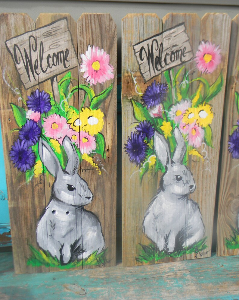 Hand Painted Rabbit Reclaimed Wood Welcome Sign - Spring Porch Decor - Etsy