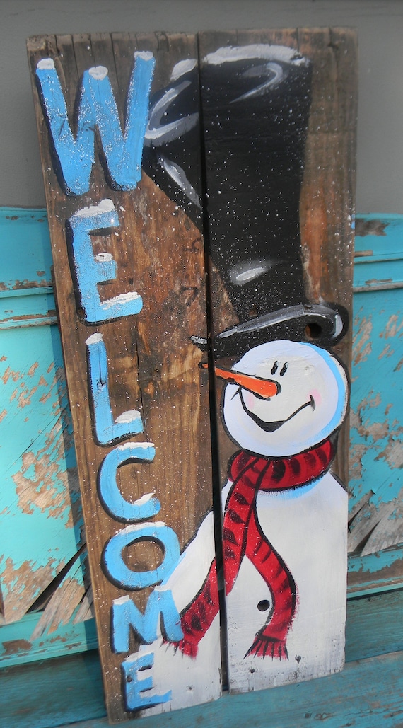 Hand Painted Snowman Welcome Sign: Rustic Winter Porch Decor - Etsy