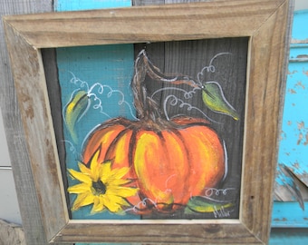 Sunflower and pumpkins paintings Window screen painting fall decor reclaimed wood frame by Bill Miller of Miller's Art Pumpkins paintings