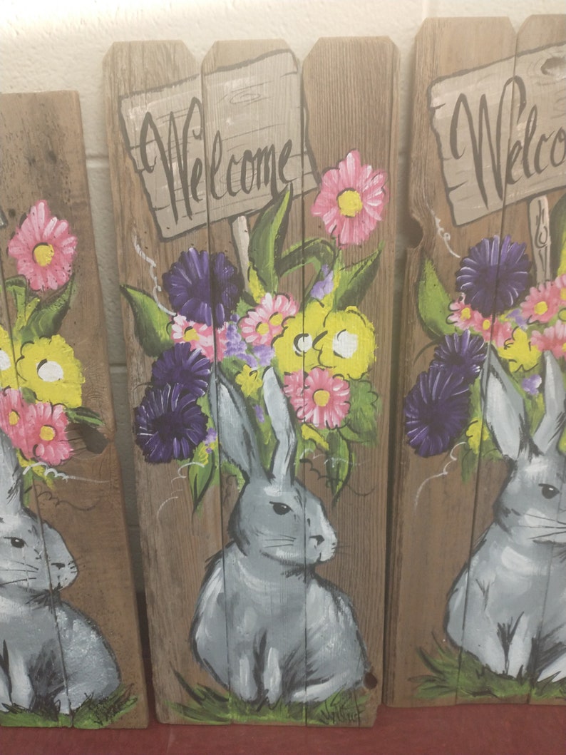 Hand Painted Rabbit Reclaimed Wood Welcome Sign - Spring Porch Decor - Etsy