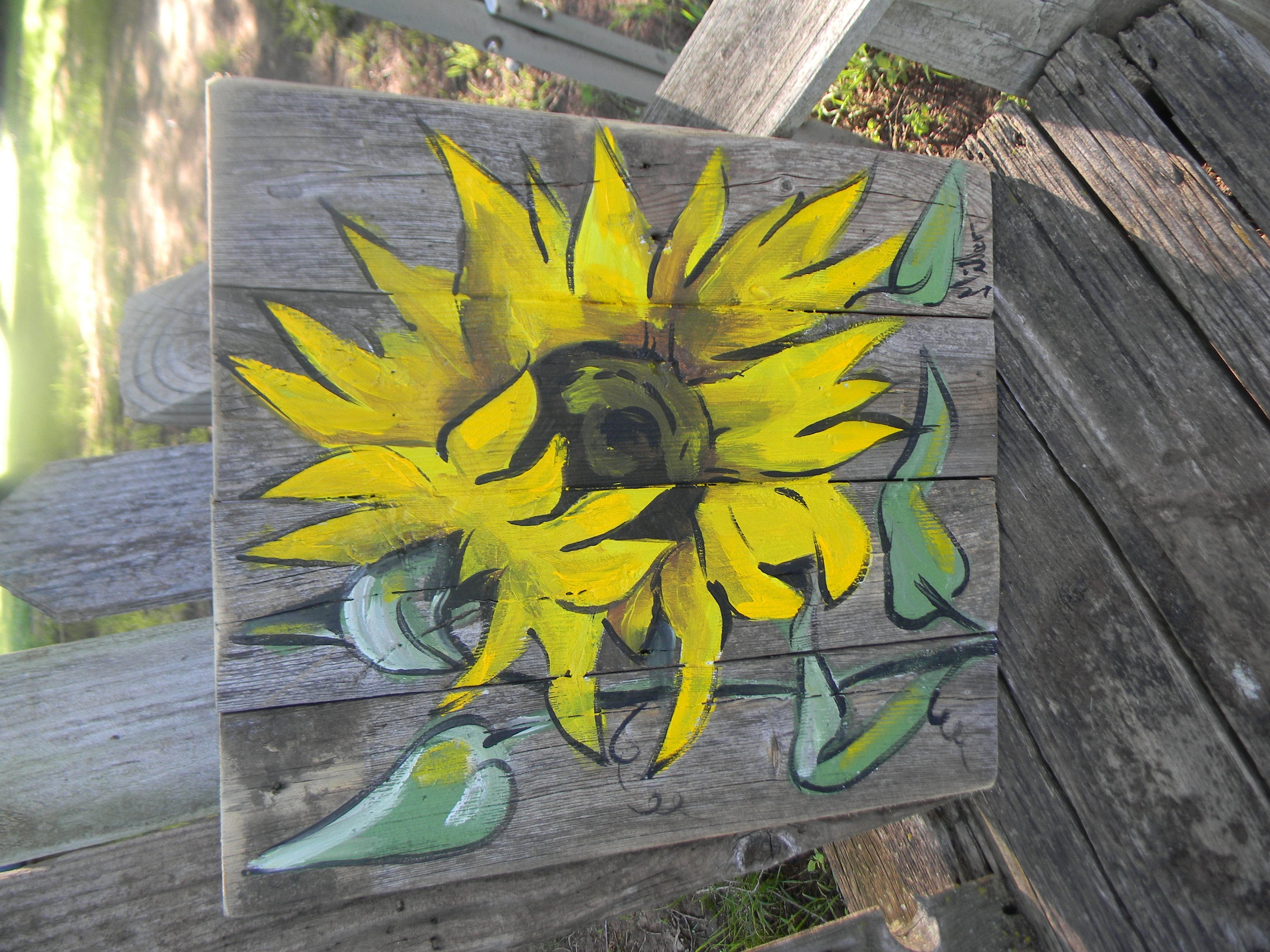 Sunflowers painting on reclaimed wood fence hand painted by Etsy