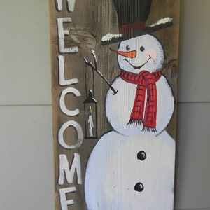 Snowman Welcome Wood Sign Hand Painted Front Porch Decor Christmas Art ...