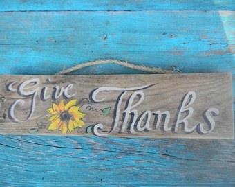 Give Thanks sunflower wood sign painting on reclaimed wood farmhouse porch decor hand painted by Bill Miller of Miller's  hallloween decor