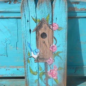 Hand Painted Birdhouse on Reclaimed Wood: Spring Porch Decor