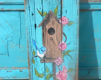 Birdhouse front porch decor hand painted reclaimed wood art spring time summer front porch decor  patio decor By Bill Miller of Miller's Art