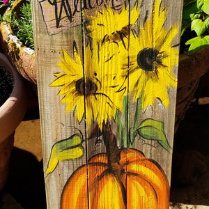 Pumpkin Sunflowers Welcome Wooden Fall Art on Reclaimed Wood Fence ...