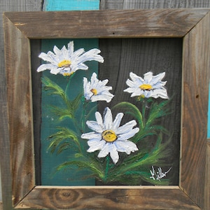 Daisies  Window screen painting on Window screen reclaimed wood fence frame Front Porch Decor Farmhouse decor  by Bill Miller of Miller&#39;s