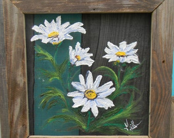 Daisies  Window screen painting on Window screen reclaimed wood fence frame Front Porch Decor Farmhouse decor  by Bill Miller of Miller's