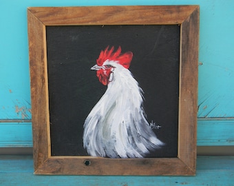 Reclaimed wood framed chicken painting white chicken with red comb by Bill Miller of Miller's Art Reclaimed wood pallet art hand painted