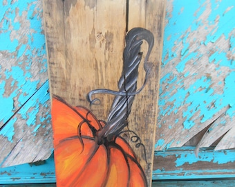 pumpkin painting Fall decor on reclaimed wood farmhouse porch decor hand painted by Bill Miller of Miller's Art Halloween decor autumn art