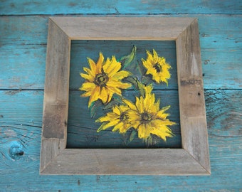 Window screen painting Sunflowers reclaimed wood frame porch decor farm house decor painting Bill Miller of Miller's Art recycled screen