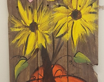Pumpkin sunflowers Welcome wooden Fall\ art on reclaimed wood fence\ Rustic\  Artist Bill Miller of Miller's Art/  Fall/Front Porch decor