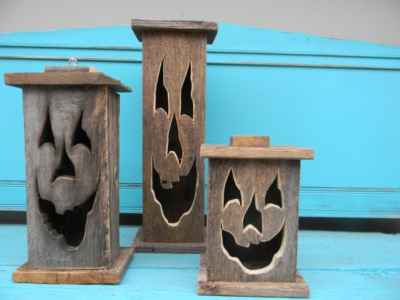 Wood lantern, made with rustic worn wood, Jack-O-Lantern for Halloween/ Fall Art decor for the patio or front porch by artist Bill Miller image 6