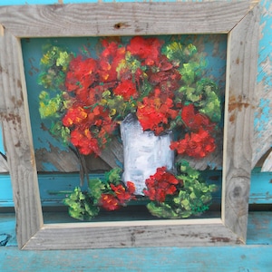 Red Geraniums painting on Window screen with reclaimed wood fence frame Front Porch Decor Farmhouse decor  by Bill Miller of Miller&#39;s Art