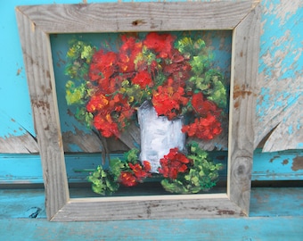 Red Geraniums painting on Window screen with reclaimed wood fence frame Front Porch Decor Farmhouse decor  by Bill Miller of Miller's Art