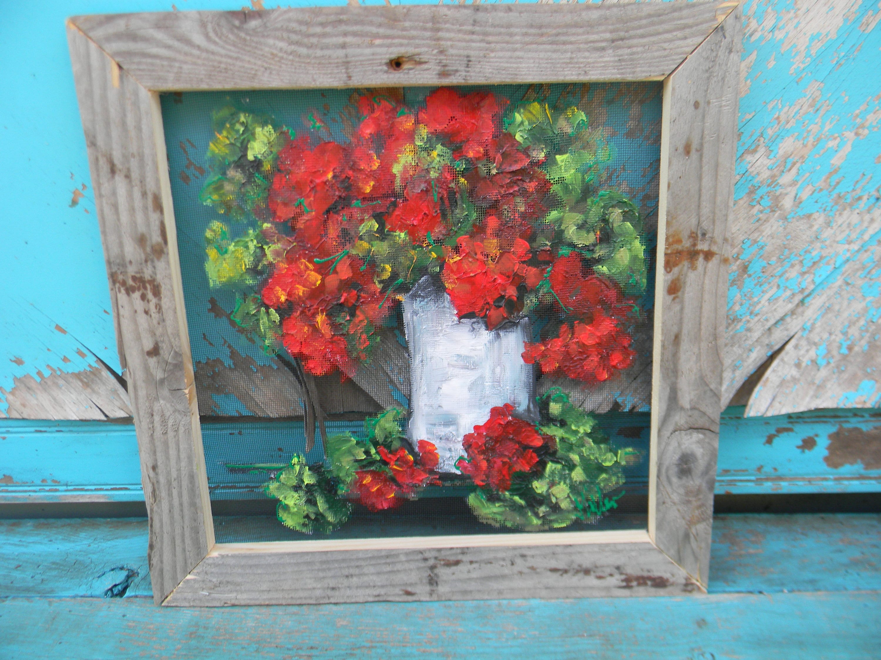 Red Geraniums Screen Painting on Reclaimed Wood Frame, Front Porch