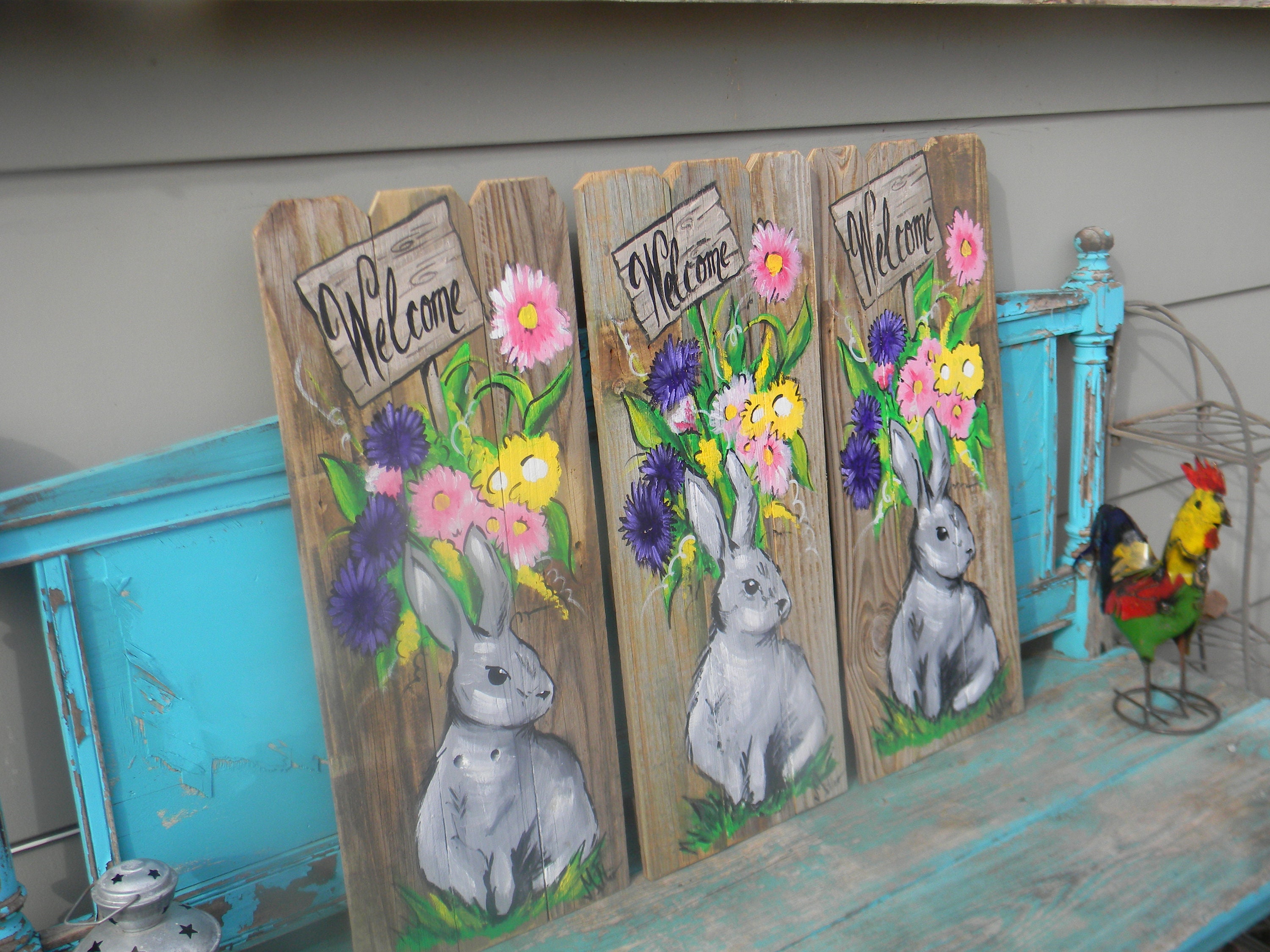 Hand Painted Rabbit Reclaimed Wood Welcome Sign - Spring Porch Decor - Etsy