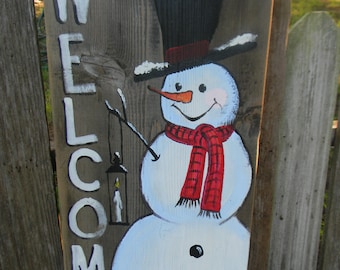 Hand Painted Snowman Welcome Sign: Rustic Christmas Porch Decor - Etsy