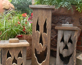 Wood  lantern, made with rustic worn wood, Jack-O-Lantern for Halloween/ Fall Art decor for the patio or front porch by artist Bill Miller