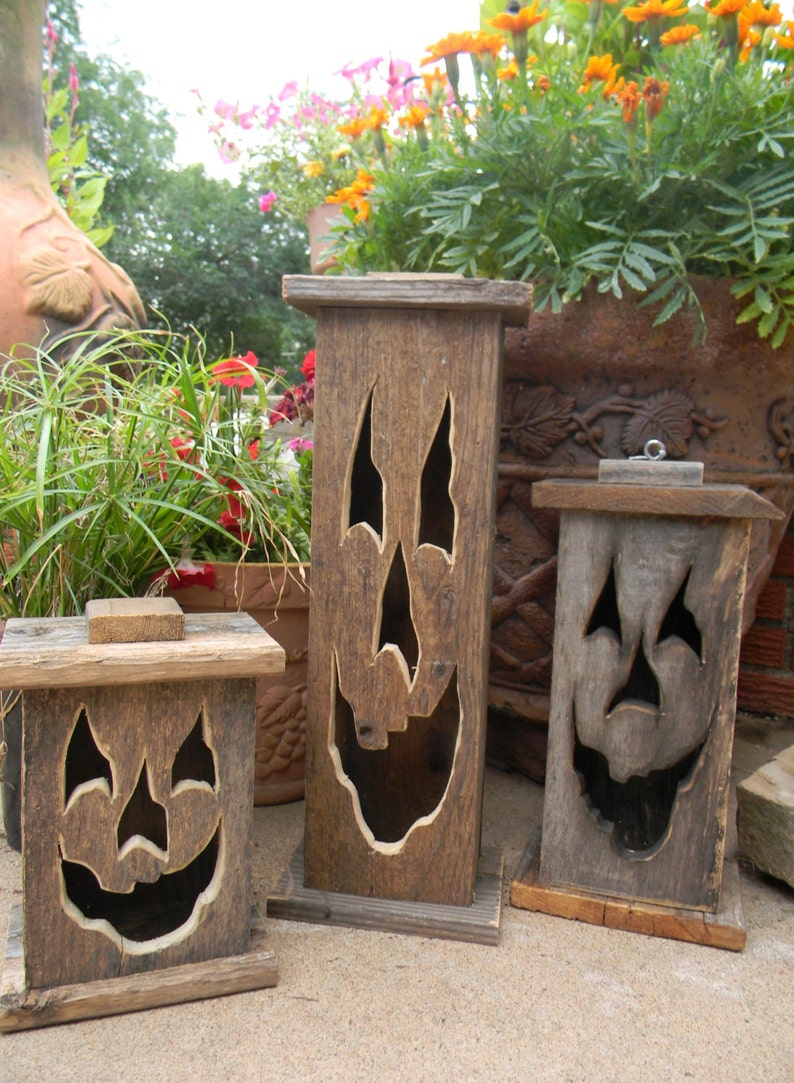 Wood lantern, made with rustic worn wood, Jack-O-Lantern for Halloween/ Fall Art decor for the patio or front porch by artist Bill Miller image 1