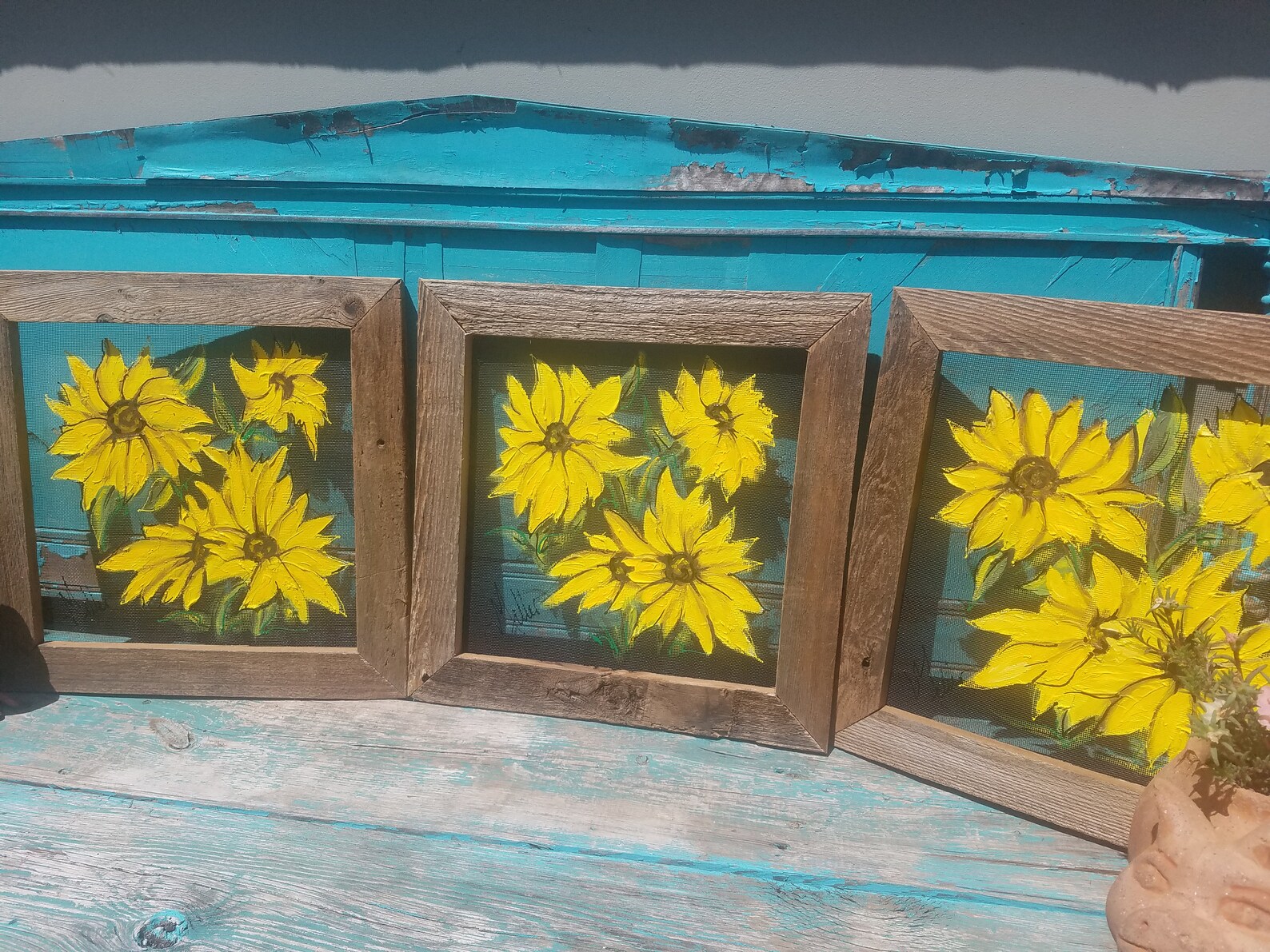 Window Screen Painting Sunflowers Reclaimed Wood Frame Porch Etsy