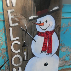 Hand Painted Snowman Welcome Sign: Rustic Christmas Porch Decor