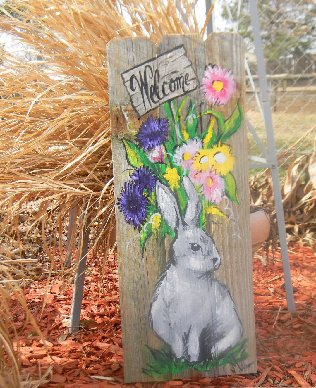 Hand Painted Rabbit Reclaimed Wood Welcome Sign - Spring Porch Decor - Etsy