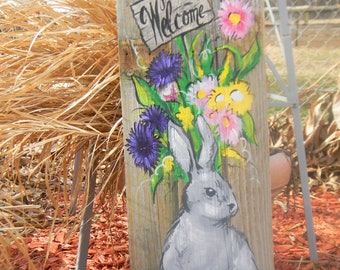 rabbit front porch decor bunny rabbit reclaimed wood art springtime summer front porch decor hand painted by Bill Miller of Miller's Art