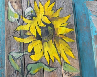 Sunflowers painting on reclaimed wood fence hand painted by Bill Miller of Miller's Art Farmhouse decor front back porch decor Sun Flowers