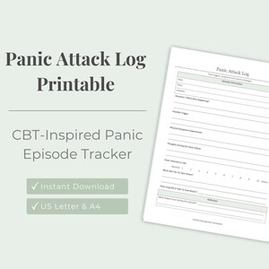 Könnte beinhalten: Ein druckbares Panikattacken-Protokoll mit dem Text "Panic Attack Log Printable" und "CBT-Inspired Panic Episode Tracker". Das Protokoll enthält Abschnitte zur Aufzeichnung von Episodeninformationen, Auslösern und Reflexionen. Sofortiger Download in US Letter und A4 Größen verfügbar.