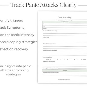 Pode incluir: Uma folha de trabalho imprim&iacute;vel branca, "Panic Attack Log", com instru&ccedil;&otilde;es para identificar gatilhos, rastrear sintomas e registrar estrat&eacute;gias de enfrentamento. O texto "Track Panic Attacks Clearly" est&aacute; no topo.