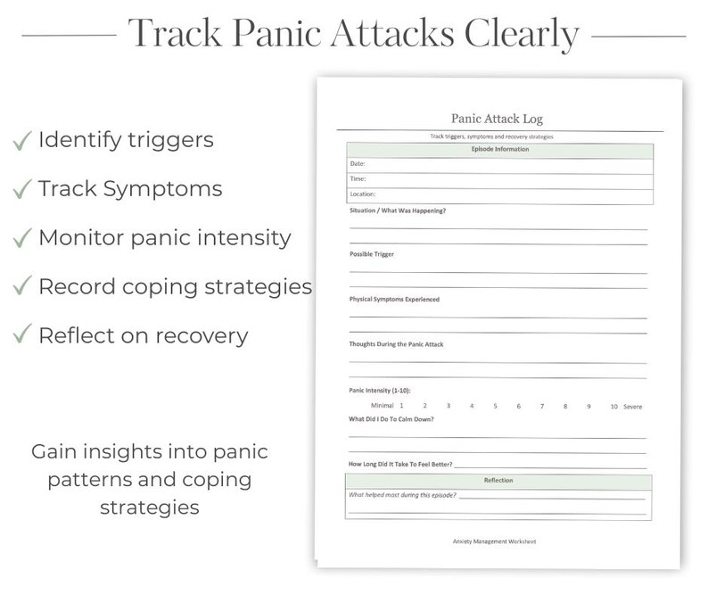 Pode incluir: Uma folha de trabalho imprim&iacute;vel branca, "Panic Attack Log", com instru&ccedil;&otilde;es para identificar gatilhos, rastrear sintomas e registrar estrat&eacute;gias de enfrentamento. O texto "Track Panic Attacks Clearly" est&aacute; no topo.