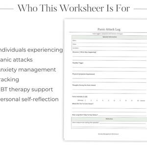 Pode incluir: Uma folha de trabalho branca intitulada "Panic Attack Log" com se&ccedil;&otilde;es para rastrear gatilhos, sintomas e estrat&eacute;gias de recupera&ccedil;&atilde;o. A folha de trabalho &eacute; projetada para indiv&iacute;duos que sofrem ataques de p&acirc;nico, rastreamento do controle da ansiedade, suporte de terapia CBT e autorreflex&atilde;o pessoal.