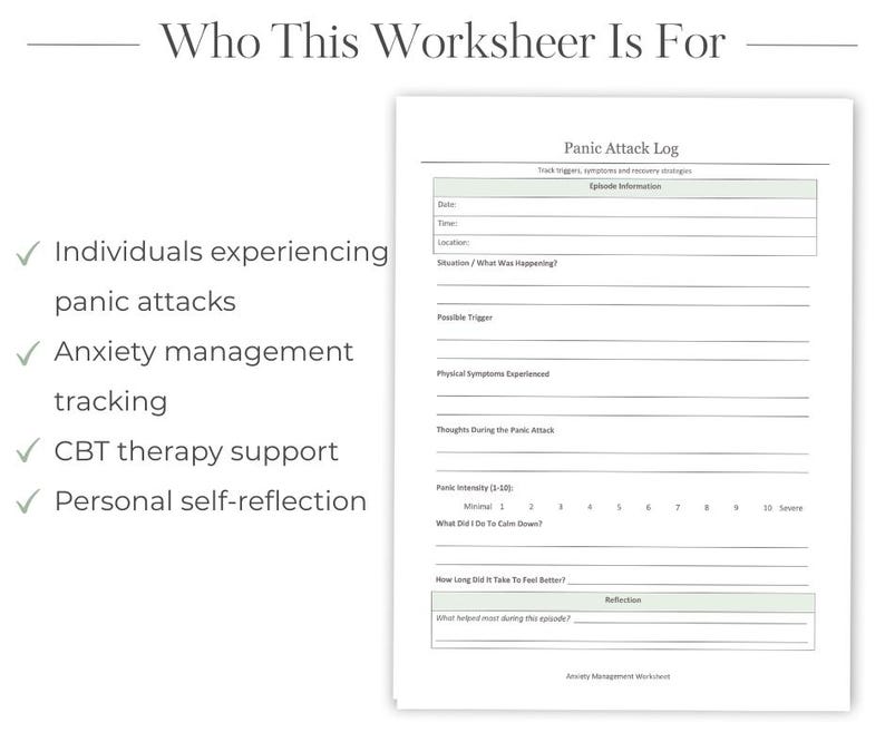 Pode incluir: Uma folha de trabalho branca intitulada "Panic Attack Log" com se&ccedil;&otilde;es para rastrear gatilhos, sintomas e estrat&eacute;gias de recupera&ccedil;&atilde;o. A folha de trabalho &eacute; projetada para indiv&iacute;duos que sofrem ataques de p&acirc;nico, rastreamento do controle da ansiedade, suporte de terapia CBT e autorreflex&atilde;o pessoal.