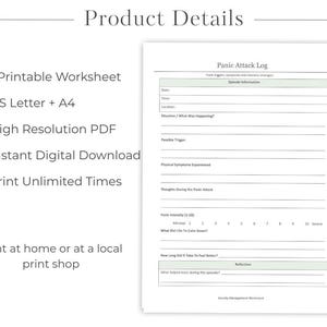 Pode incluir: Uma planilha imprim&iacute;vel de registro de ataques de p&acirc;nico com se&ccedil;&otilde;es para informa&ccedil;&otilde;es do epis&oacute;dio, gatilhos, sintomas e estrat&eacute;gias de recupera&ccedil;&atilde;o. O texto inclui "Product Details" e "Panic Attack Log".