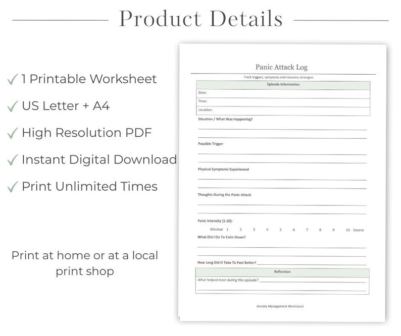 Pode incluir: Uma planilha imprim&iacute;vel de registro de ataques de p&acirc;nico com se&ccedil;&otilde;es para informa&ccedil;&otilde;es do epis&oacute;dio, gatilhos, sintomas e estrat&eacute;gias de recupera&ccedil;&atilde;o. O texto inclui "Product Details" e "Panic Attack Log".