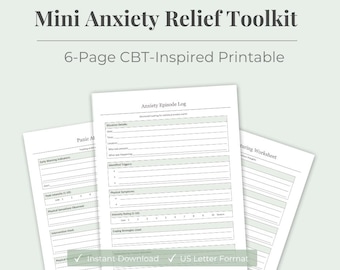 Kit de Ferramentas para Alívio da Ansiedade (Imprimível) | Pacote de Exercícios de Terapia Cognitivo-Comportamental para Ansiedade | Registro de Ataques de Pânico e Pensamentos | PDF de 6 Páginas para Gerenciamento da Ansiedade