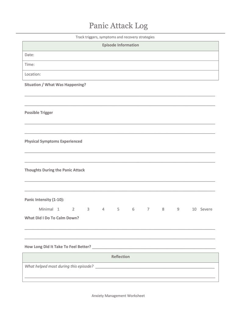 Pode incluir: Uma folha de trabalho imprim&iacute;vel branca intitulada "Panic Attack Log" com se&ccedil;&otilde;es para rastrear gatilhos, sintomas e estrat&eacute;gias de recupera&ccedil;&atilde;o. Inclui campos para data, hora, local e uma escala de intensidade de p&acirc;nico de 1 a 10.