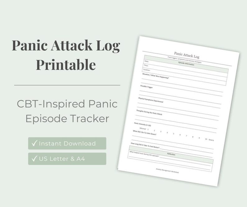 Pode incluir: Um registro imprim&iacute;vel de ataques de p&acirc;nico com o texto "Panic Attack Log Printable" e "CBT-Inspired Panic Episode Tracker". O registro inclui se&ccedil;&otilde;es para registrar informa&ccedil;&otilde;es do epis&oacute;dio, gatilhos e reflex&otilde;es. Dispon&iacute;vel para download instant&acirc;neo nos tamanhos US Letter e A4.