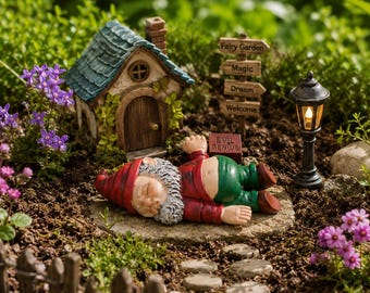 Divertida estatua de gnomo de jardín durmiendo, decoración para mini jardín de hadas, adorno de resina para maceta de bonsái, decoración para maceta de exterior