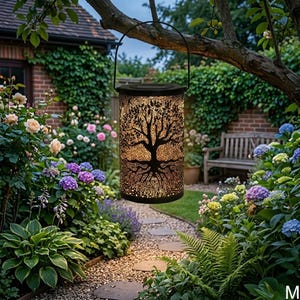 Könnte beinhalten: Eine schwarze Solar-Laterne aus Metall mit einem Lebensbaum-Design hängt an einem Ast in einem Garten. Die Laterne hat eine zylindrische Form und einen Griff. Der Garten verfügt über einen Steinweg, Blumen und eine Holzbank.