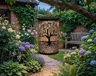 Lanterna solare da appendere per esterni, impermeabile, in metallo, a LED, per giardino, con motivo ad albero vintage, decorazione per patio e cortile, lampada ad energia solare