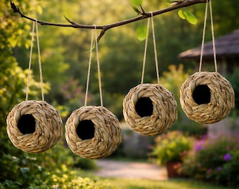 Casetta per uccelli in erba intrecciata a mano da appendere – Riparo naturale da giardino per piccoli uccelli, decorazione da esterno