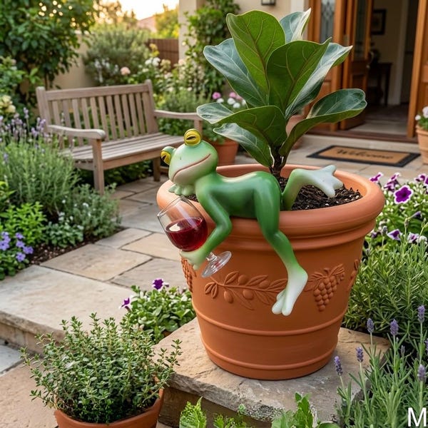 Divertido colgador de macetas con forma de rana y copa de vino – Decoración de jardín de resina para macetas, decoración de plantas de interior y exterior.