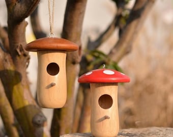 Casinha de pássaros suspensa de madeira – Casinha de beija-flor em formato de cogumelo, decoração de jardim em madeira natural para áreas externas.