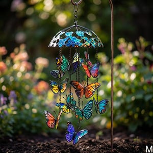 May include: A decorative butterfly wind chime featuring a metal top and multiple butterfly pendants. The butterflies are painted in vibrant shades of blue, orange, yellow, and green. The wind chime hangs from a metal hook, ideal for garden decor.