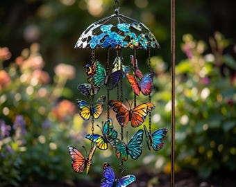 Colorful Butterfly Wind Chime Outdoor Hanging Decor, Metal Garden Wind Chimes, Patio Porch Ornament, Relaxing Gift