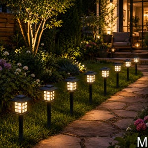 May include: A row of solar-powered garden lights with a Japanese lantern design. The black lights are placed along a stone pathway in a garden, illuminating the path with a warm, inviting glow. The lights are surrounded by green grass and various plants.