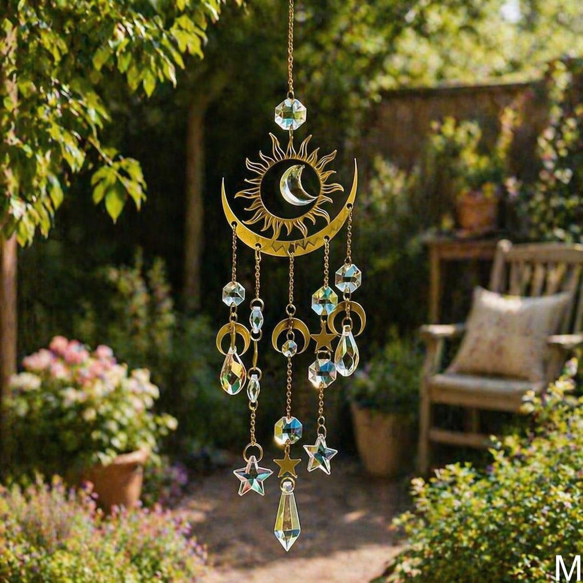 Sun & Moon Crystal Wind Chime, Celestial Suncatcher Hanging Decor ...
