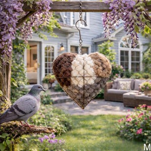 Suporte para Ninho de Pássaros em Formato de Coração, Recarregável, para Pendurar e Decorar Jardins com Tema Rústico de Vida Selvagem.